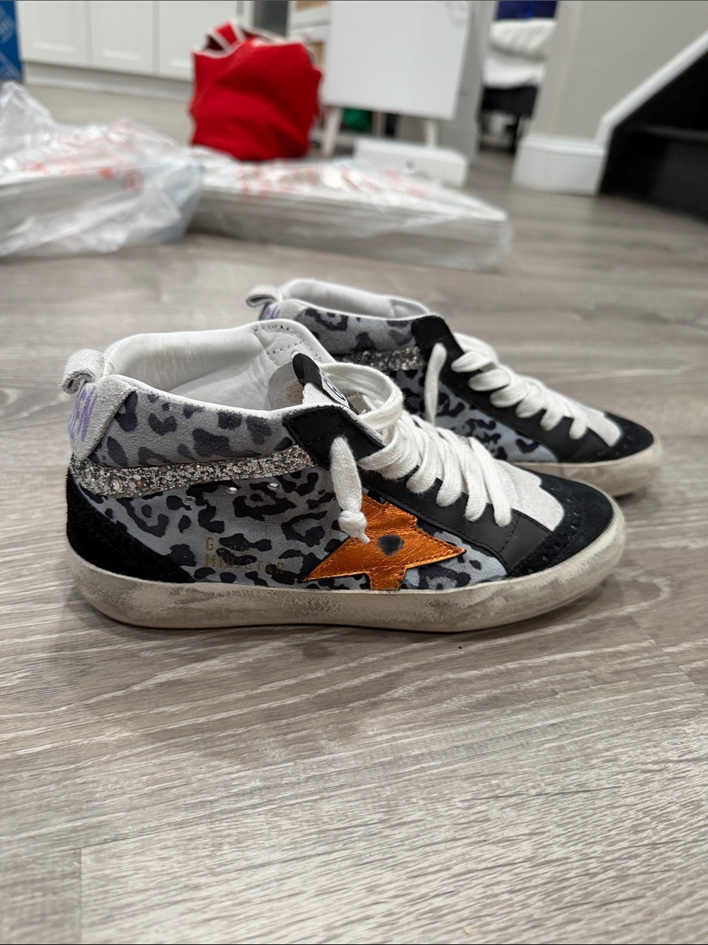 Golden Goose Women's Black, Gray & Orange Leopard-Print mid Sneakers